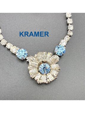 Vintage Kramer Blue and Clear Rhinestone Choker Necklace 14" 3D Flower 1950s